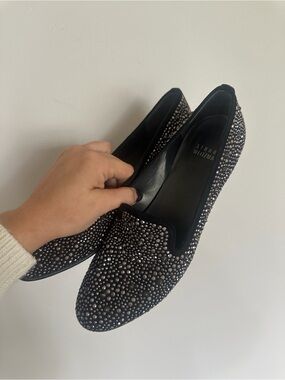 Stuart Weitzman Crystal Embellished Black Velvet Loafers Size 7